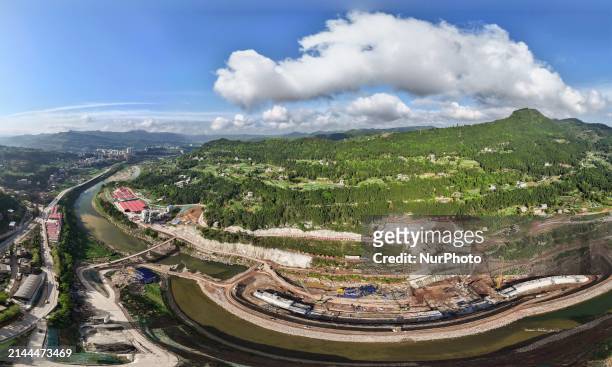 Overlooking the construction site of Qingyukou Reservoir, a major national water conservancy project, in Tongjiang County, Bazhong City, Sichuan...