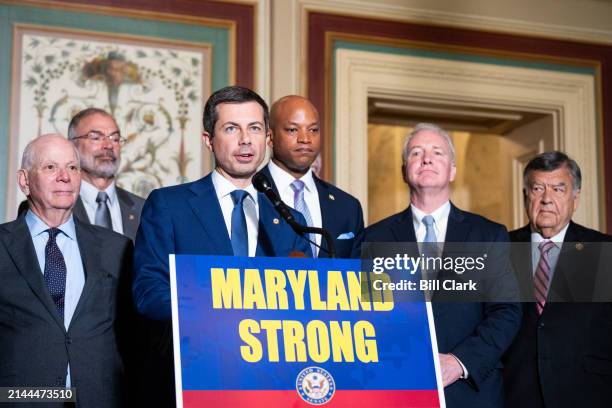 From left, Sen. Ben Cardin, D-Md., Rep. Andy Harris, R-Md., Secretary of Transportation Pete Buttigieg, Gov. Wes Moore, D-Md., Sen. Chris Van Hollen,...