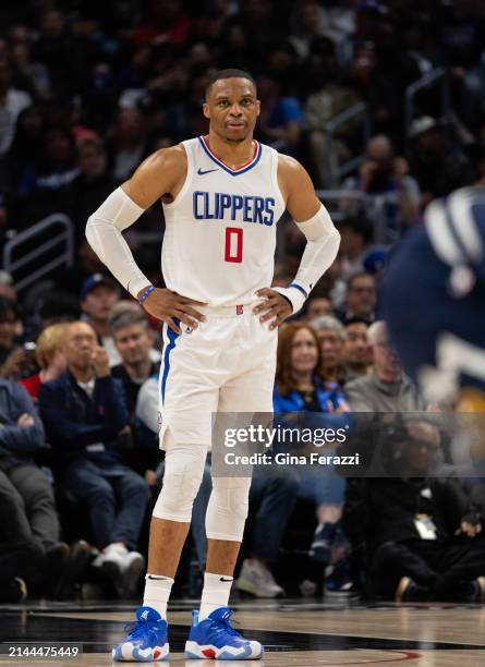 Clippers guard Russell Westbrook during the game against the Denver Nuggets at Crypto.com Arena on April 4, 2024 in Los Angeles, California.