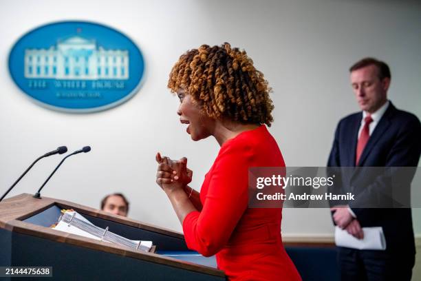 White House Press Secretary Karine Jean-Pierre, accompanied by National Security Advisor Jake Sullivan, speaks during a news conference in the Brady...