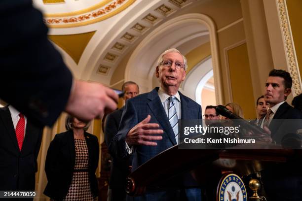 Senate Minority Leader Mitch McConnell takes questions from reporters during a news conference following a Senate Republican party policy luncheon at...