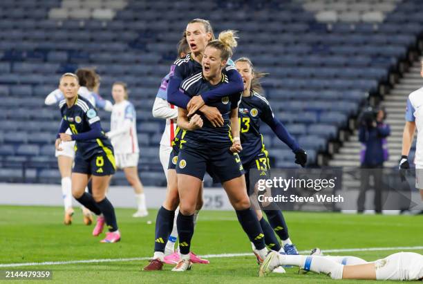 Sophie Howard of Scotland celebrates her goal during the UEFA Women's European Qualifier match between Scotland and Slovakia at Hampden Park on April...