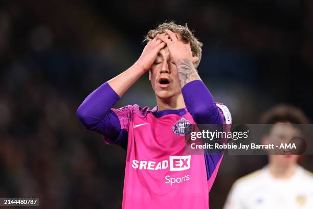 Jack Clarke of Sunderland reacts during the Sky Bet Championship match between Leeds United and Sunderland at Elland Road on April 9, 2024 in Leeds,...