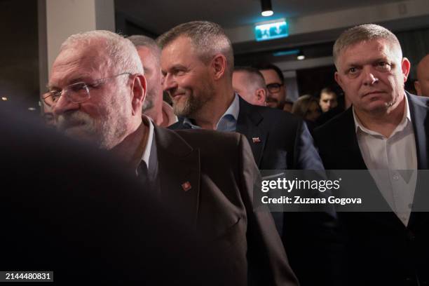 Peter Pellegrini arrives to give a speach to the media followed by prime minister of Slovakia, Robert Fico , while former president of Slovakia, Ivan...