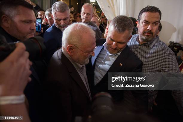 Peter Pellegrini arrives to give a speach to the media with the former president of Slovakia, Ivan Gasparovic on April 7, 2024 in Bratislava,...