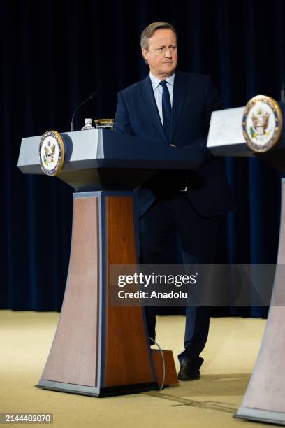 Foreign Minister David Cameron participates in a press conference with Secretary of State Antony Blinken following a meeting at the State Department...