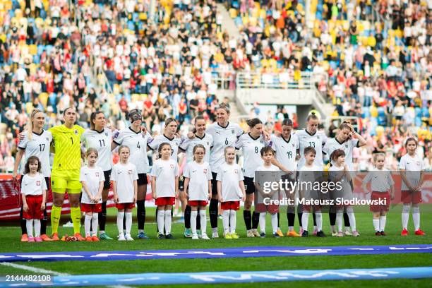 Team of Austria seen during the anthem during the UEFA Euro 2025 Women's Qualifiers match between Poland and Austria, on April 9, 2024 in Gdynia,...