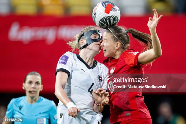 Celina Degen of Austria and Natalia Wrobel of Poland battle for the ball during the UEFA Euro 2025 Women's Qualifiers match between Poland and...