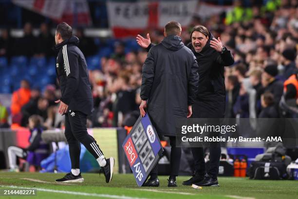 Daniel Farke the head coach / manager of Leeds United reacts towards the fourth official regarding the added on time during the Sky Bet Championship...