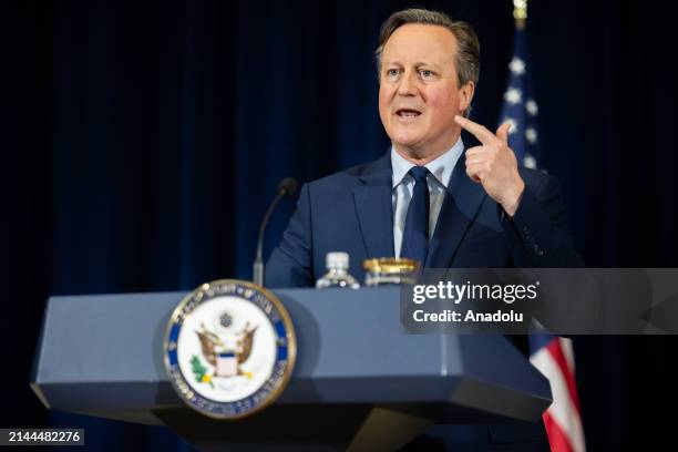 Foreign Minister David Cameron speaks during a press conference with Secretary of State Antony Blinken following a meeting at the State Department in...