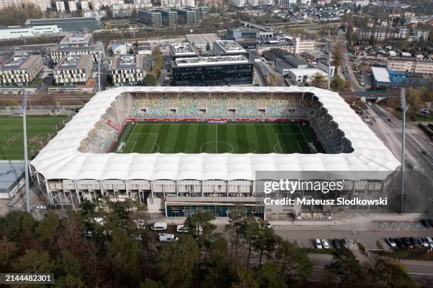 Aerial view of the City Stadium in Gdynia before the UEFA Euro 2025 Women's Qualifiers match between Poland and Austria, on April 9, 2024 in Gdynia,...