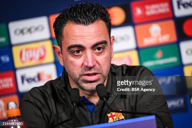 Coach Xavi Hernandez of FC Barcelona during a press conference prior to the UEFA Champions League 2023/24 match between Paris Saint-Germain and FC...