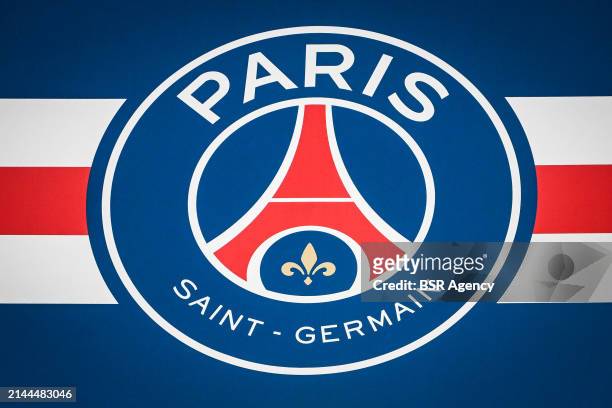 Llustration of the official logo of Paris Saint-Germain during a training session prior to the UEFA Champions League 2023/24 match between Paris...