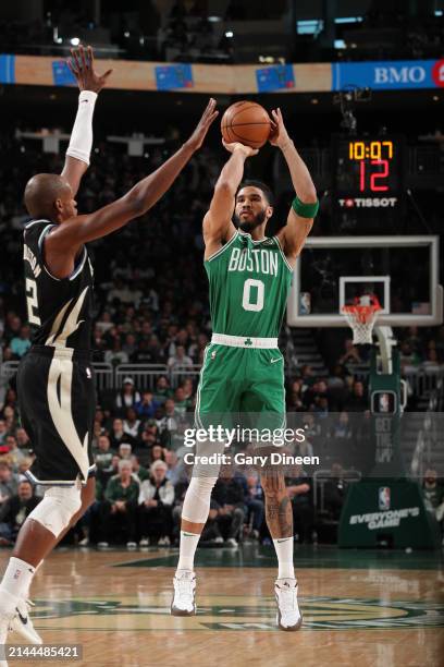 Jayson Tatum of the Boston Celtics shoots the ball during the game against the Milwaukee Bucks on April 9, 2024 at the Fiserv Forum Center in...