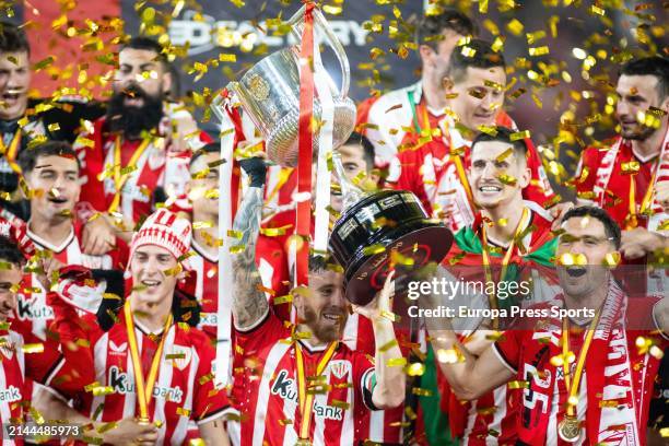 Players of Athletic Club celebrates with the trophy during the spanish cup, Copa del Rey, Final football match played between Athletic Club and RCD...