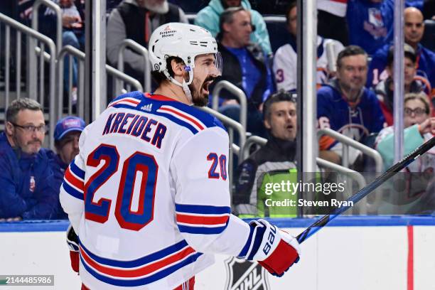 Chris Kreider of the New York Rangers celebrates after scoring a goal against the New York Islanders during the second period at UBS Arena on April...