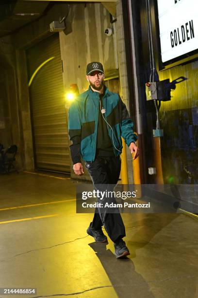 Stephen Curry of the Golden State Warriors arrives to the arena before the game against the Los Angeles Lakers on April 9, 2024 at Crypto.Com Arena...