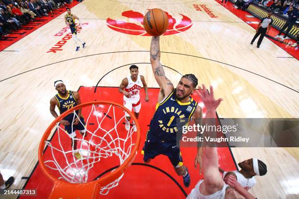 Obi Toppin of the Indiana Pacers goes to the basket during the game on April 9, 2024 at the Scotiabank Arena in Toronto, Ontario, Canada. NOTE TO...
