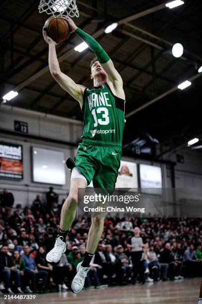 April 09: Drew Peterson of the Maine Celtics dunks the ball against the Oklahoma City Blue during the 2023-24 G League Eastern Conference Finals on...