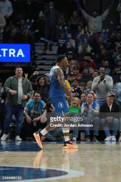 Anthony Edwards of the Minnesota Timberwolves celebrates during the game against the Washington Wizards on April 9, 2024 at Target Center in...