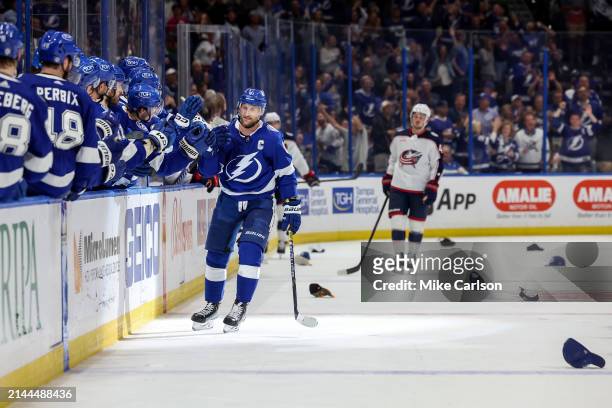 Steven Stamkos of the Tampa Bay Lightning celebrates his hat trick against the Columbus Blue Jackets during the third period at the Amalie Arena on...
