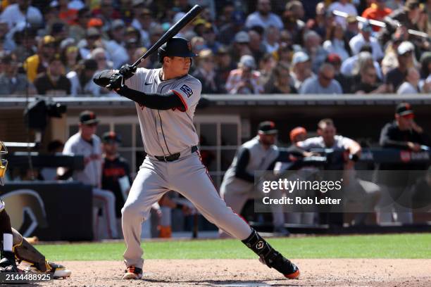 Wilmer Flores of the San Francisco Giants bats during the game between the San Francisco Giants and the San Diego Padres at Petco Park on Thursday,...