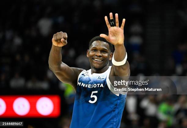 Anthony Edwards of the Minnesota Timberwolves gestures to his teammates after scoring his 50th point in the fourth quarter of the game against the...