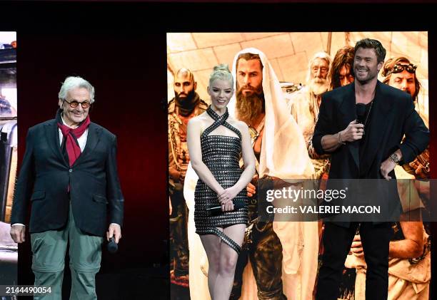Australian director George Miller speaks about his new movie "Furiosa: A Mad Max Saga" next to actors Anya Taylor-Joy and Chris Hemsworth during...