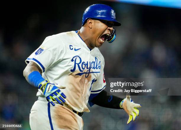 Salvador Perez of the Kansas City Royals celebrates after hitting a walk-off single to defeat the Houston Astros at Kauffman Stadium on April 9, 2024...