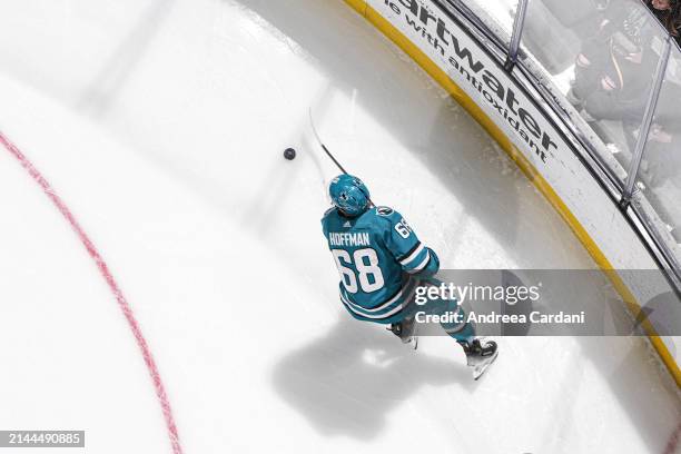 An overhead shot of Mike Hoffman of the San Jose Sharks skating with the puck against the Calgary Flames at SAP Center on April 9, 2024 in San Jose,...