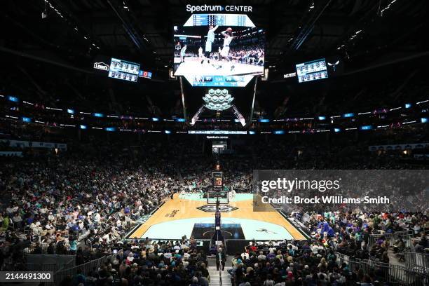 An overall view of the arena during the game between the Dallas Mavericks and the Charlotte Hornets on April 9, 2024 at Spectrum Center in Charlotte,...