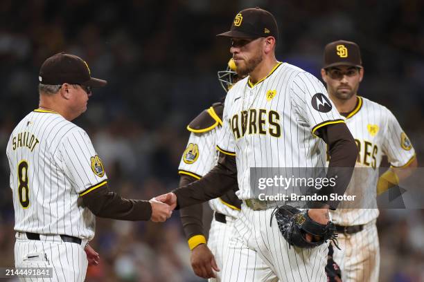 Pitcher Joe Musgrove of the San Diego Padres is taken out of the game by manager Mike Shildt in a pitching change during the fifth inning against the...