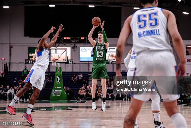 April 09: Drew Peterson of the Maine Celtics shoots the ball against the Oklahoma City Blue during the 2023-24 G League Eastern Conference Finals on...