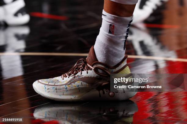 The sneakers worn by CJ McCollum of the New Orleans Pelicans during the game against the Portland Trail Blazers on April 9, 2024 at the Moda Center...