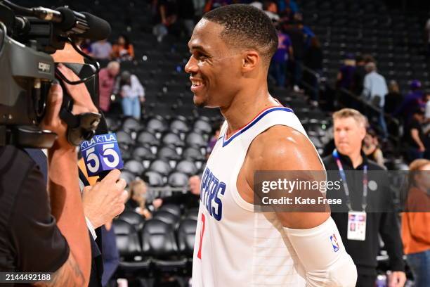 Russell Westbrook of the LA Clippers talks to the media after the game against the Phoenix Suns on April 9, 2024 at Footprint Center in Phoenix,...