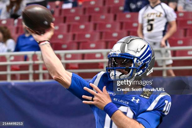 Mccarron of the St. Louis Battlehawks warms up before a game against the Arlington Renegades at The Dome at America’s Center on April 06, 2024 in St...