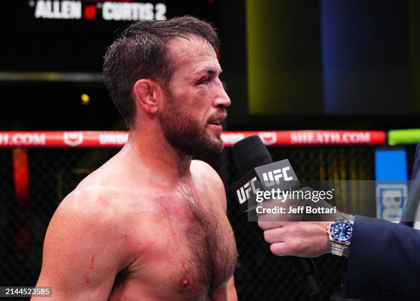 Damon Jackson reacts after his split-decision victory against Alexander Hernandez in a featherweight fight during the UFC Fight Night event at UFC...