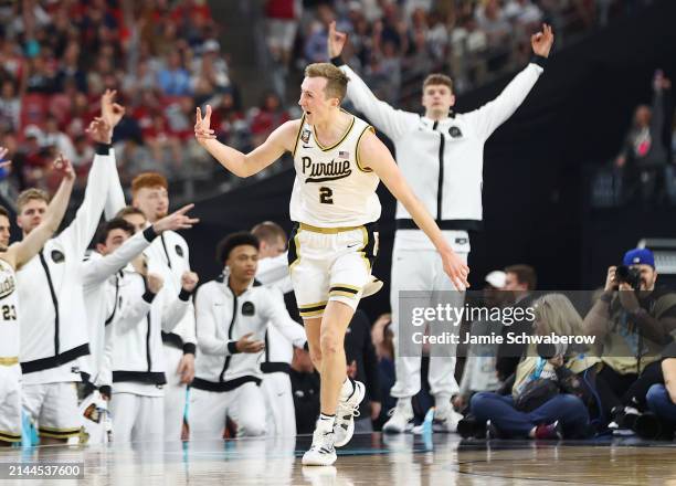 Fletcher Loyer of the Purdue Boilermakers celebrates during the second half in the NCAA Men’s Basketball Tournament Final Four semifinal game at...