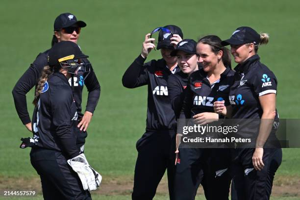 Amelia Kerr of New Zealand celebrates the wicket of Danni Wyatt of England during game three of the Women's ODI series between New Zealand and...