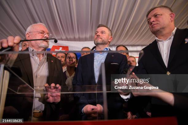 Former president of Slovakia, Ivan Gasparovic, speaks after Peter Pellegrini who won the presidential election on April 7, 2024 in Bratislava,...