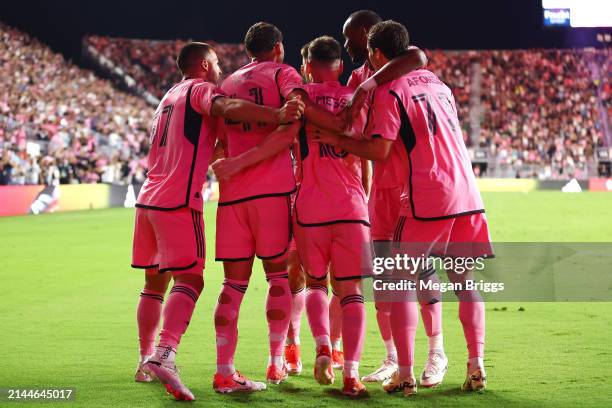Lionel Messi of Inter Miami celebrates with teammates after scoring a second half goal against the Colorado Rapids at DRV PNK Stadium on April 06,...