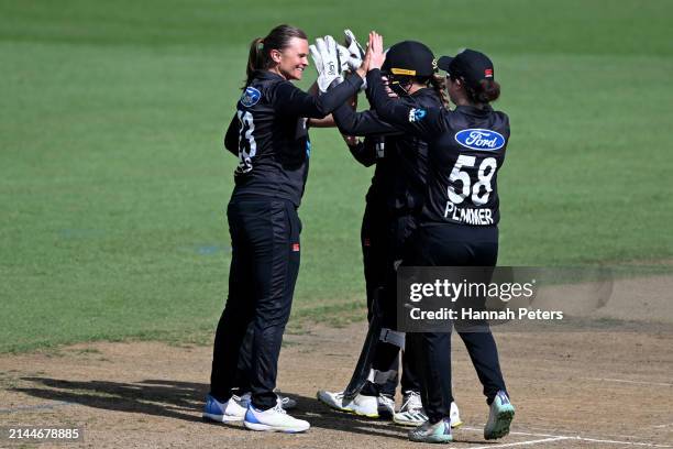 Suzie Bates of New Zealand celebrates the wicket of Amy Jones of England during game three of the Women's ODI series between New Zealand and England...