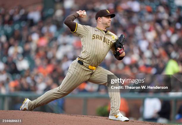 Michael King of the San Diego Padres pitches against the San Francisco Giants in the bottom of the first inning at Oracle Park on April 06, 2024 in...