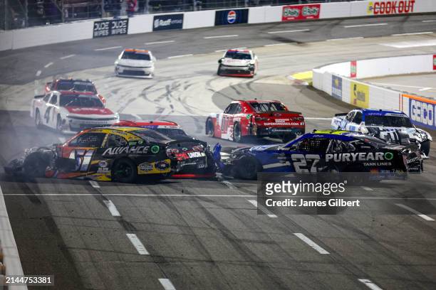 Jeremy Clements, driver of the Impel Union/Alliance Chevrolet, Jeb Burton, driver of the Talbert's/Puryear Tank Lines Chevrolet, Kyle Sieg, driver of...