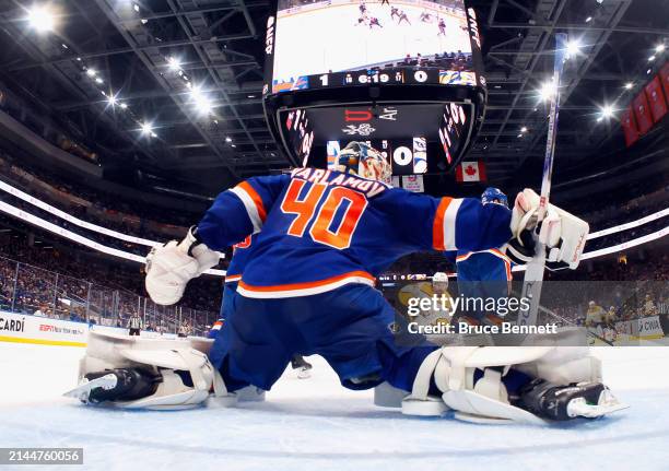 Semyon Varlamov of the New York Islanders defends the net against the Nashville Predators at UBS Arena on April 06, 2024 in Elmont, New York. The...