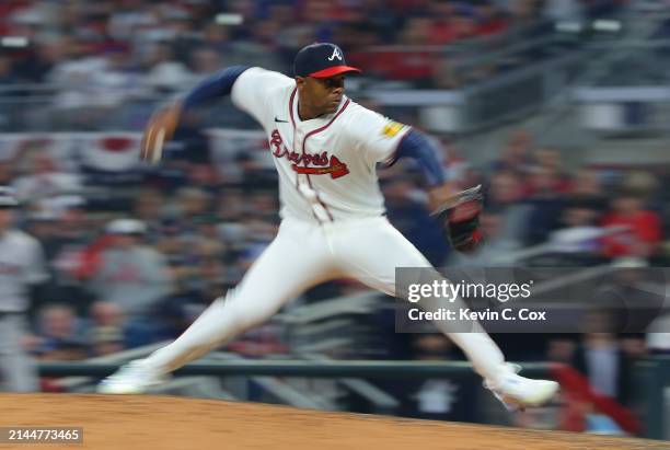 Raisel Iglesias of the Atlanta Braves pitches in the ninth inning against the Arizona Diamondbacks at Truist Park on April 06, 2024 in Atlanta,...