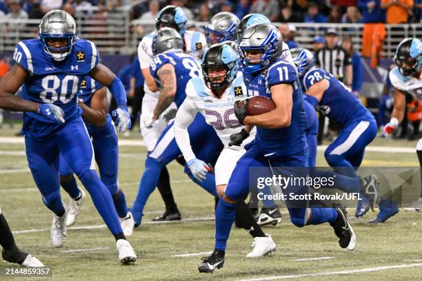 Darrius Shepherd of the St. Louis Battlehawks runs after the catch during a game against the Arlington Renegades at The Dome at America’s Center on...