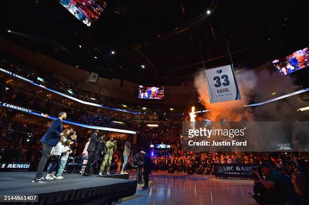 Former Memphis Grizzlies player Marc Gasol looks on as his jersey is retired after the game between the Memphis Grizzlies and the Philadelphia 76ers...