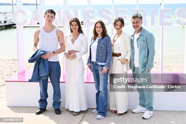Loan Becmont, Julie Sassoust, Vanessa Demouy, Zoï Severin and Stéphane Blancafort attend the "Ici Tout Commence" Photocall during the 7th Canneseries...