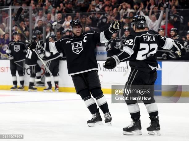 Anze Kopitar of the Los Angeles Kings celebrates the goal of Kevin Fiala, to take a 4-1 lead over the Vancouver Canucks, during the second period at...